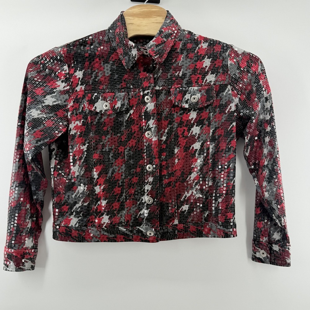 Notations Jacket Womens Medium Red Black White Sequin Stretch Button Up Abstract